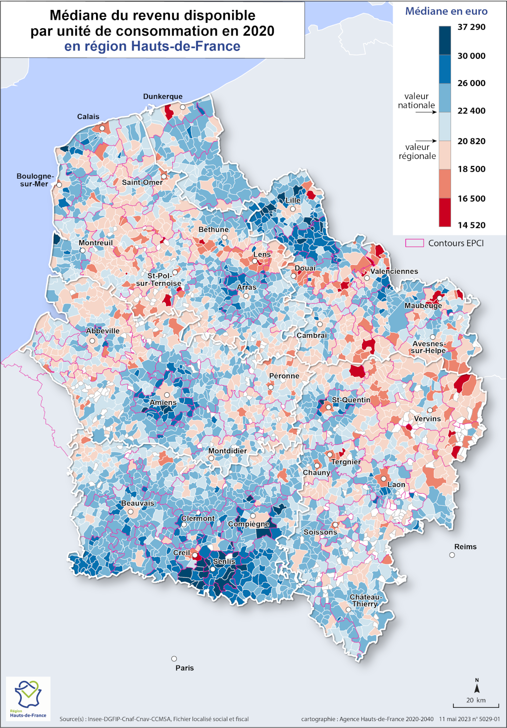 Carte de de la médiane du revenu disponible par unité de consommation en 2020 en Hauts-de-France