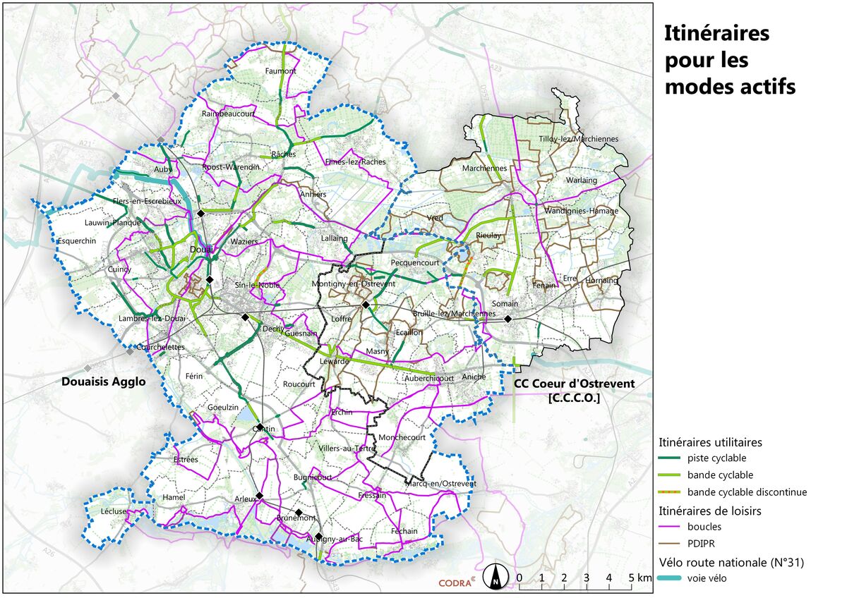 Carte des itinéraires pour les modes actifs dans le Douaisis