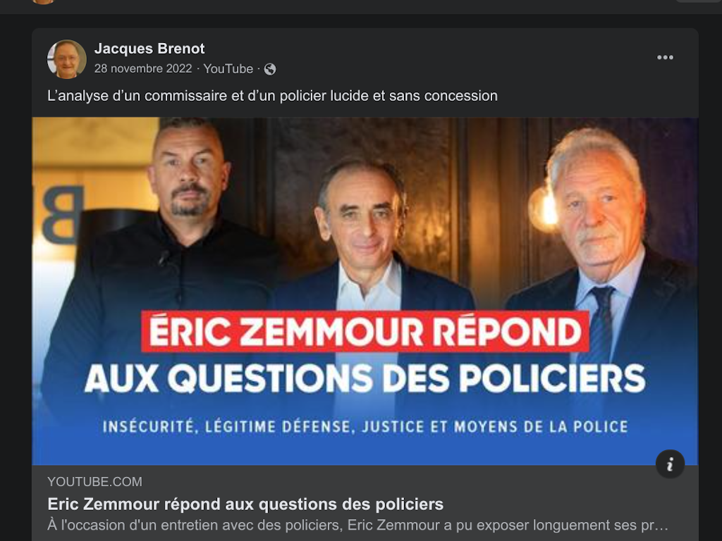 Publication de Jacques Brenot relayant Éric Zemmour